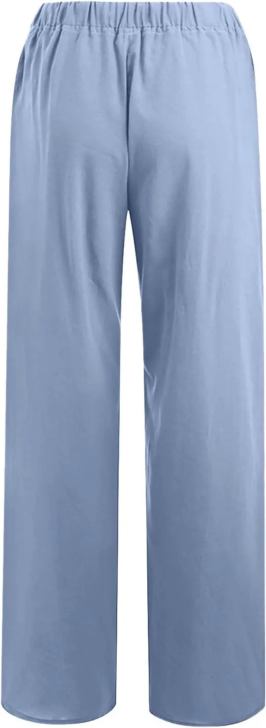 hlysgo Women's Summer Drawstring Waist Wide Leg Loose Cotton Linen Palazzo Pants 2025 Plus Size Ladies Casual Pants Trousers
