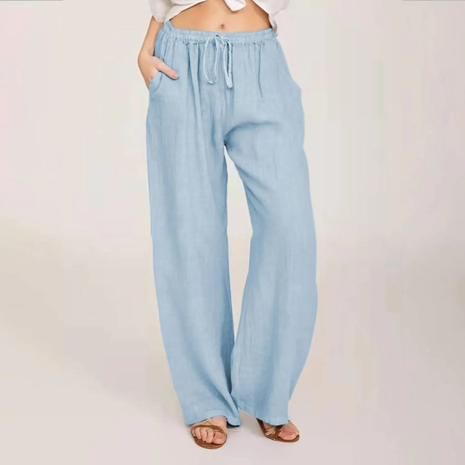 hlysgo Women's Summer Drawstring Waist Wide Leg Loose Cotton Linen Palazzo Pants 2025 Plus Size Ladies Casual Pants Trousers
