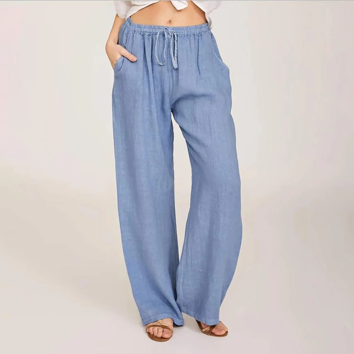hlysgo Women's Summer Drawstring Waist Wide Leg Loose Cotton Linen Palazzo Pants 2025 Plus Size Ladies Casual Pants Trousers