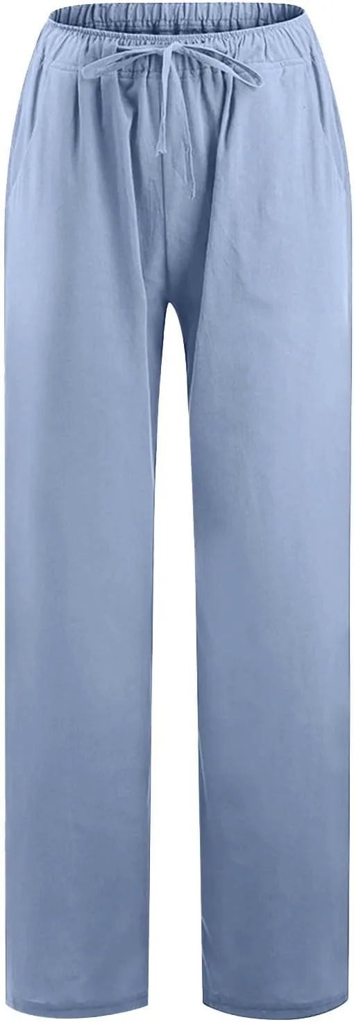 hlysgo Women's Summer Drawstring Waist Wide Leg Loose Cotton Linen Palazzo Pants 2025 Plus Size Ladies Casual Pants Trousers