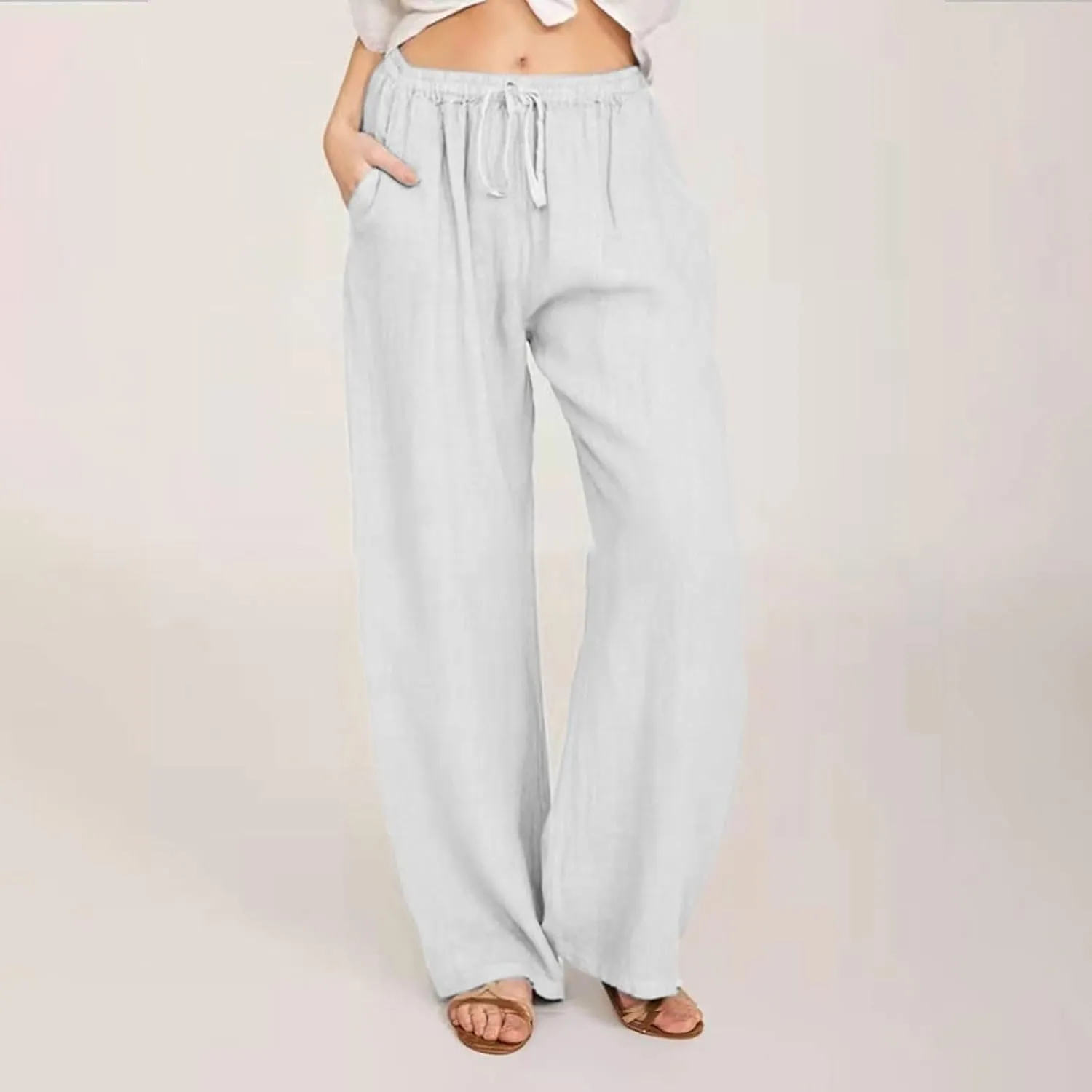 hlysgo Women's Summer Drawstring Waist Wide Leg Loose Cotton Linen Palazzo Pants 2025 Plus Size Ladies Casual Pants Trousers