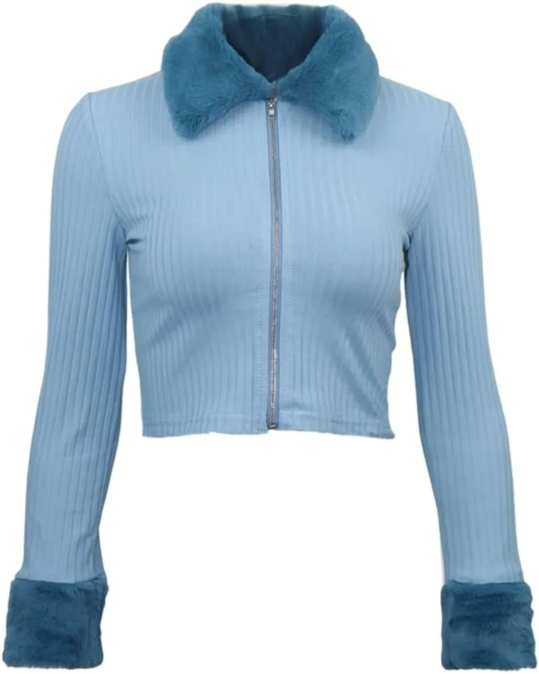 HOULENGS Women's Cropped Fleece Collar Cardigan Sweater Long Sleeve Zip Up Knitted Sweater Outerwear