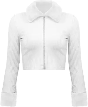 HOULENGS Women's Cropped Fleece Collar Cardigan Sweater Long Sleeve Zip Up Knitted Sweater Outerwear
