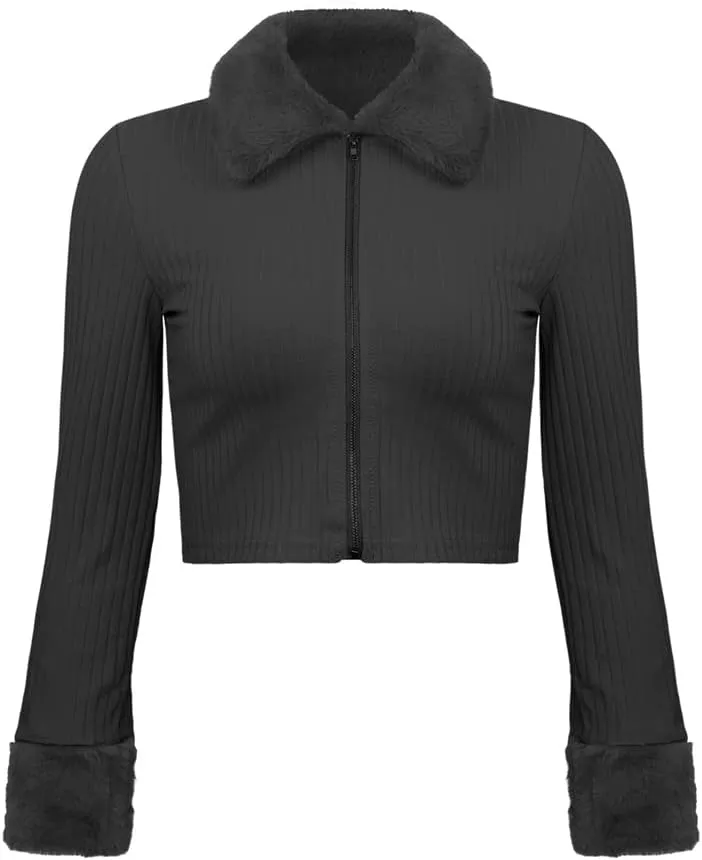 HOULENGS Women's Cropped Fleece Collar Cardigan Sweater Long Sleeve Zip Up Knitted Sweater Outerwear