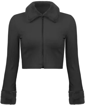 HOULENGS Women's Cropped Fleece Collar Cardigan Sweater Long Sleeve Zip Up Knitted Sweater Outerwear