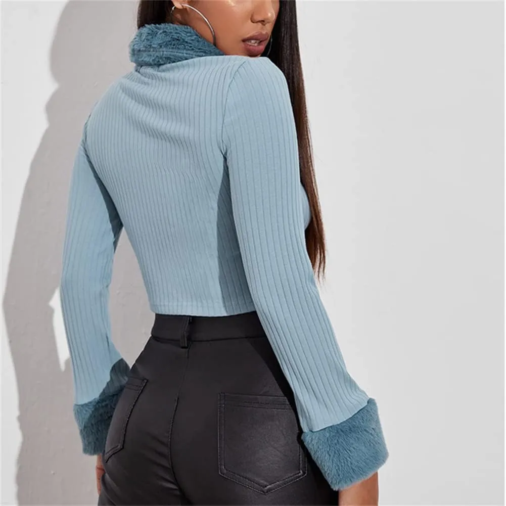 HOULENGS Women's Cropped Fleece Collar Cardigan Sweater Long Sleeve Zip Up Knitted Sweater Outerwear