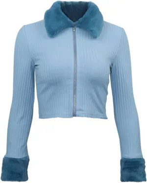 HOULENGS Women's Cropped Fleece Collar Cardigan Sweater Long Sleeve Zip Up Knitted Sweater Outerwear