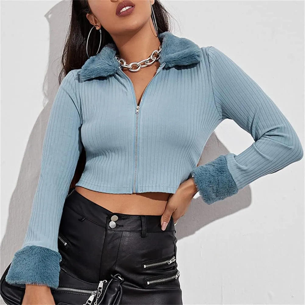 HOULENGS Women's Cropped Fleece Collar Cardigan Sweater Long Sleeve Zip Up Knitted Sweater Outerwear