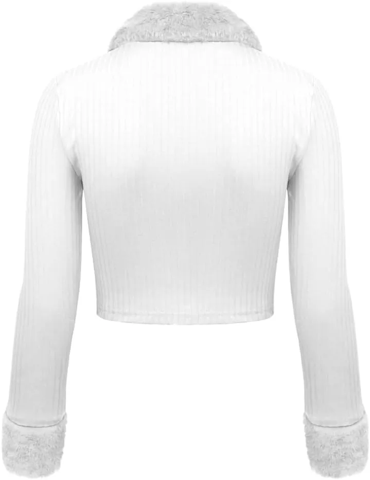 HOULENGS Women's Cropped Fleece Collar Cardigan Sweater Long Sleeve Zip Up Knitted Sweater Outerwear