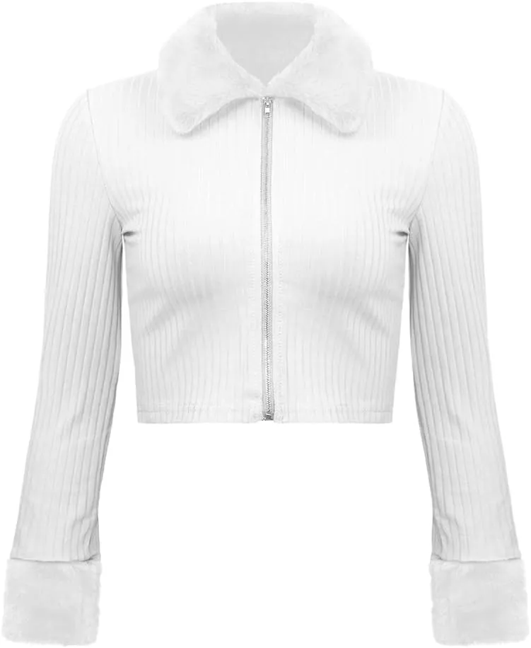 HOULENGS Women's Cropped Fleece Collar Cardigan Sweater Long Sleeve Zip Up Knitted Sweater Outerwear