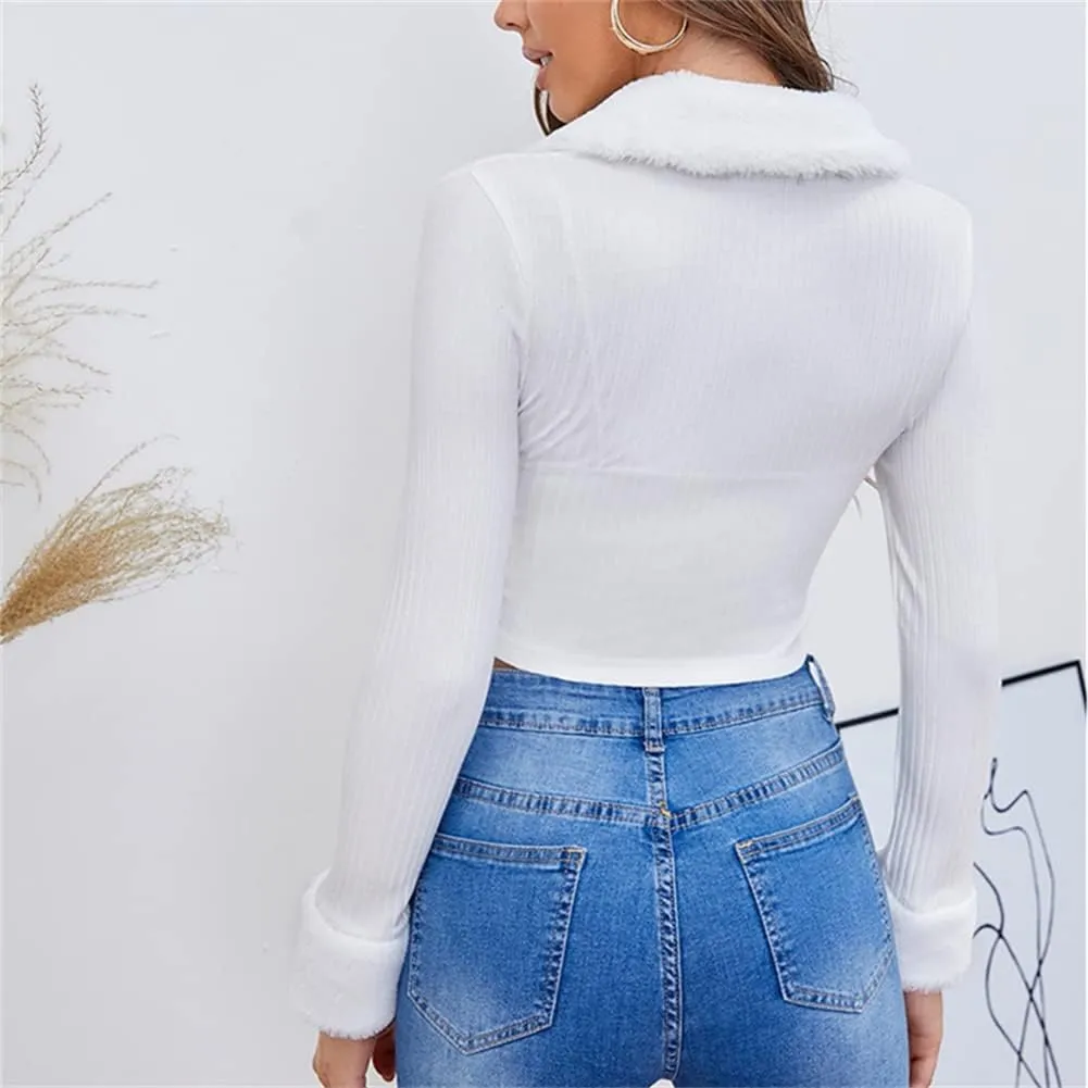 HOULENGS Women's Cropped Fleece Collar Cardigan Sweater Long Sleeve Zip Up Knitted Sweater Outerwear
