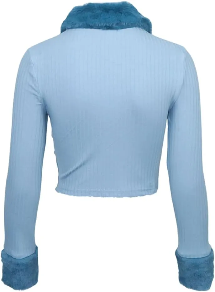 HOULENGS Women's Cropped Fleece Collar Cardigan Sweater Long Sleeve Zip Up Knitted Sweater Outerwear
