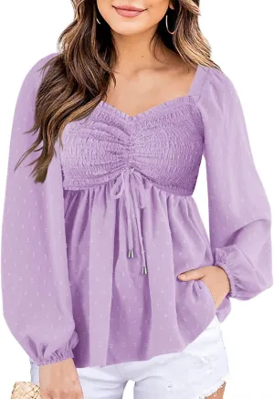 Imysty Womens V Neck Smocked Peplum Tops