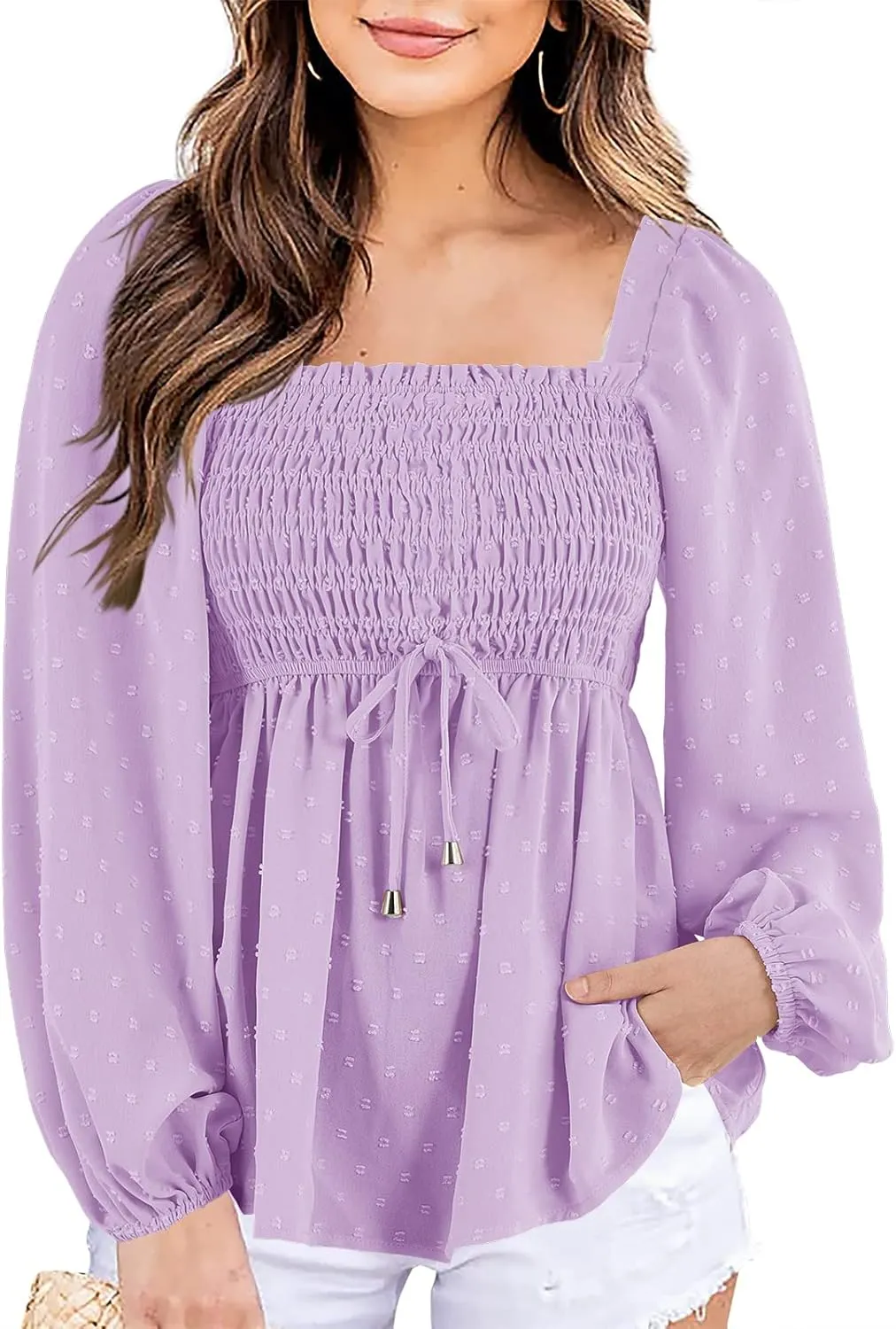 Imysty Womens V Neck Smocked Peplum Tops