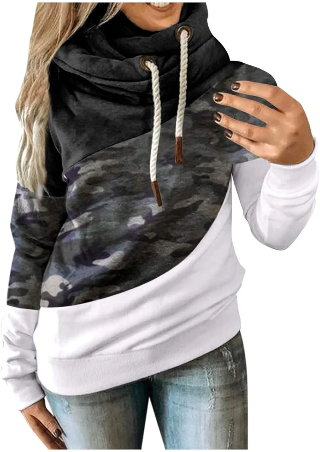iQKA Women's Color Block Sweatshirt Hoodie Casual Long Sleeve Hooded Pullover Tops Autumn Winter Coat