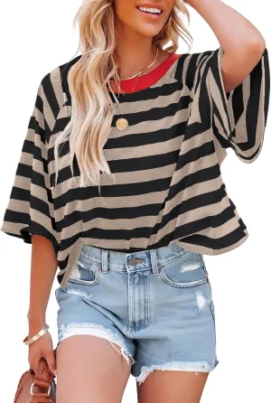 IWOLLENCE Women's Loose Casual Summer Striped Tops Crewneck 1/2 Short Sleeve Color Block Tee Oversized Cropped Shirts