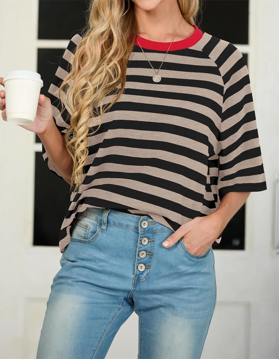 IWOLLENCE Women's Loose Casual Summer Striped Tops Crewneck 1/2 Short Sleeve Color Block Tee Oversized Cropped Shirts