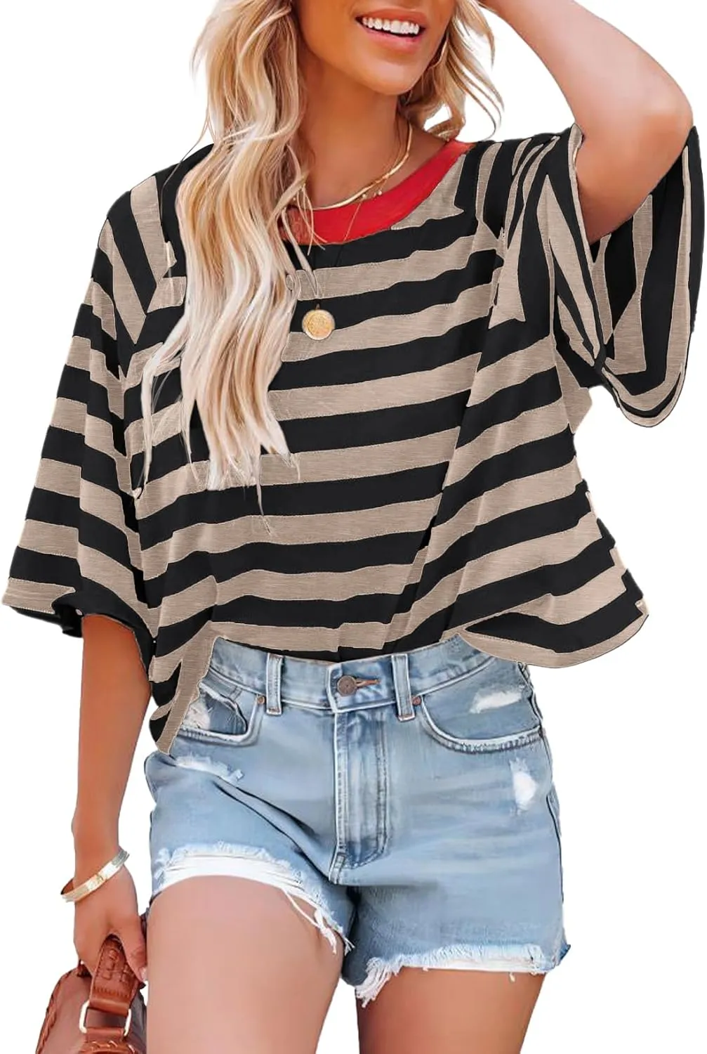 IWOLLENCE Women's Loose Casual Summer Striped Tops Crewneck 1/2 Short Sleeve Color Block Tee Oversized Cropped Shirts