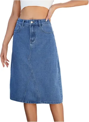 Jean Skirts for Women Summer Casual Denim High Waisted Midi Pencil Skirt Back Slit Below Knee Skirts with Pockets