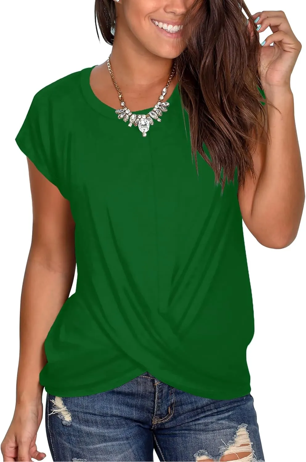 Jescakoo Women's Short Sleeve Round Neck T Shirt Front Twist Tunic Tops Casual Loose Fitted