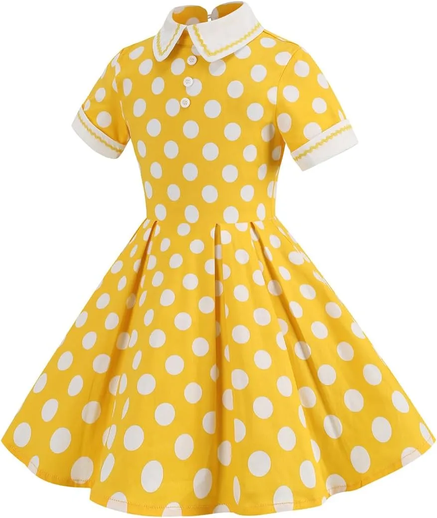 Kids Notch Lapel 50s Dress for Girls Vintage Retro 1950s Polka Dot Dress for Girls 50's Audrey Hepburn Rockabilly Swing Dress