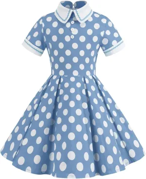 Kids Notch Lapel 50s Dress for Girls Vintage Retro 1950s Polka Dot Dress for Girls 50's Audrey Hepburn Rockabilly Swing Dress