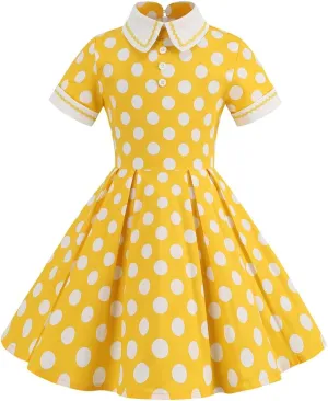 Kids Notch Lapel 50s Dress for Girls Vintage Retro 1950s Polka Dot Dress for Girls 50's Audrey Hepburn Rockabilly Swing Dress