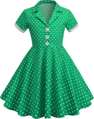 Kids Notch Lapel 50s Dress for Girls Vintage Retro 1950s Polka Dot Dress for Girls 50's Audrey Hepburn Rockabilly Swing Dress