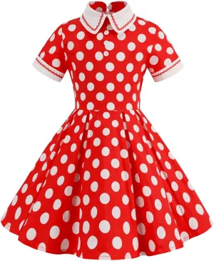 Kids Notch Lapel 50s Dress for Girls Vintage Retro 1950s Polka Dot Dress for Girls 50's Audrey Hepburn Rockabilly Swing Dress