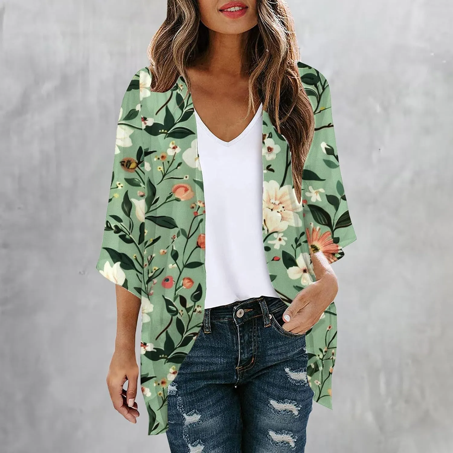 Kimonos for Women Summer Chiffon Beach Cover Up Lightweight Open Front 3/4 Sleeve Cardigan Vacation Outfits