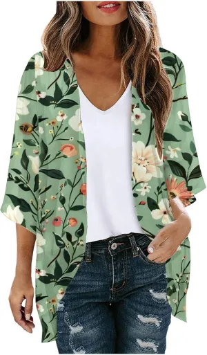 Kimonos for Women Summer Chiffon Beach Cover Up Lightweight Open Front 3/4 Sleeve Cardigan Vacation Outfits