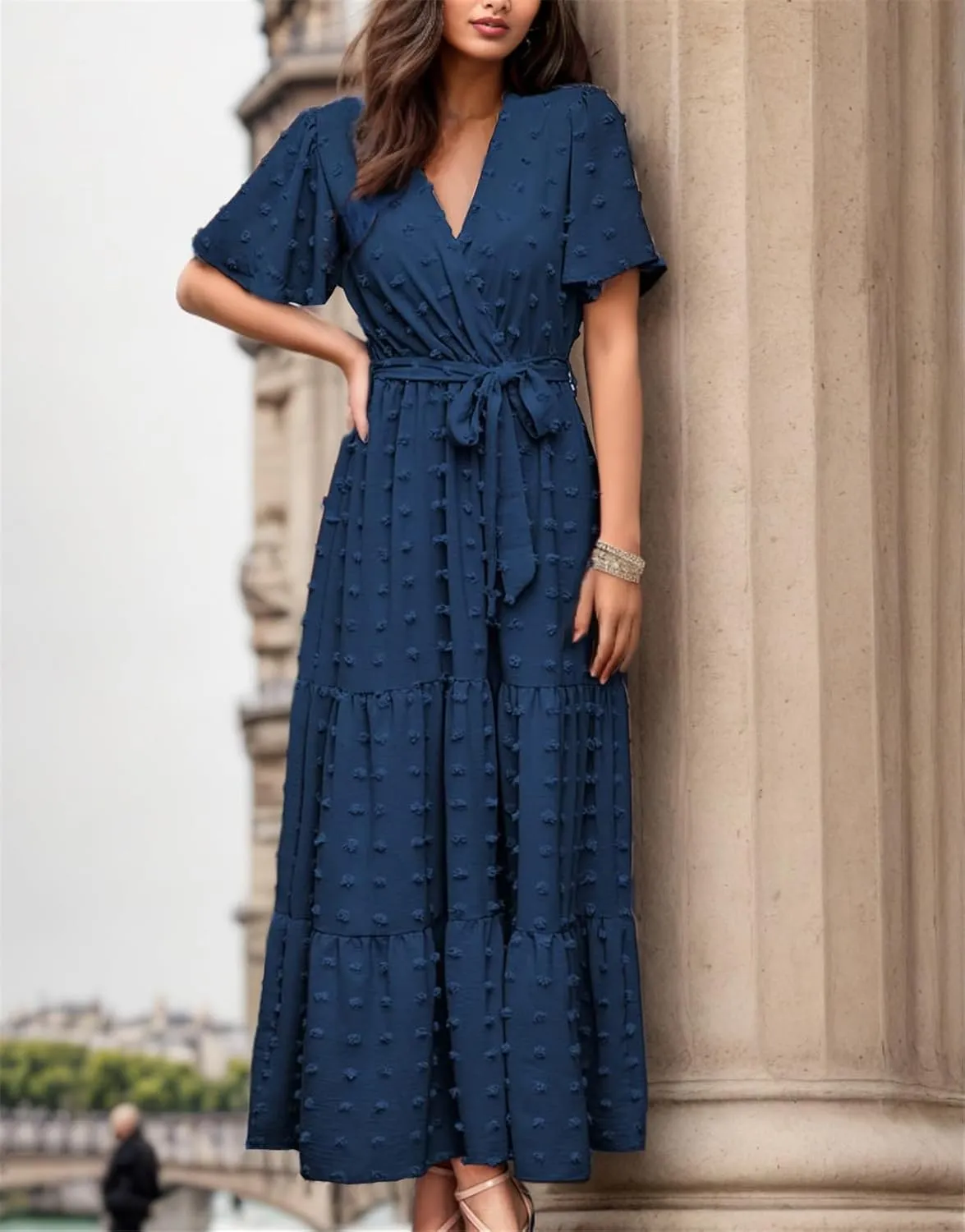 kinstell Women's 2025 Floral Summer Dress Wrap V Neck Short Sleeve Belted Ruffle Hem A-Line Bohemian Maxi Dresses