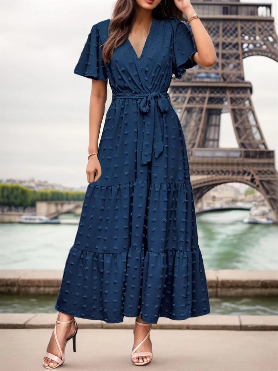 kinstell Women's 2025 Floral Summer Dress Wrap V Neck Short Sleeve Belted Ruffle Hem A-Line Bohemian Maxi Dresses