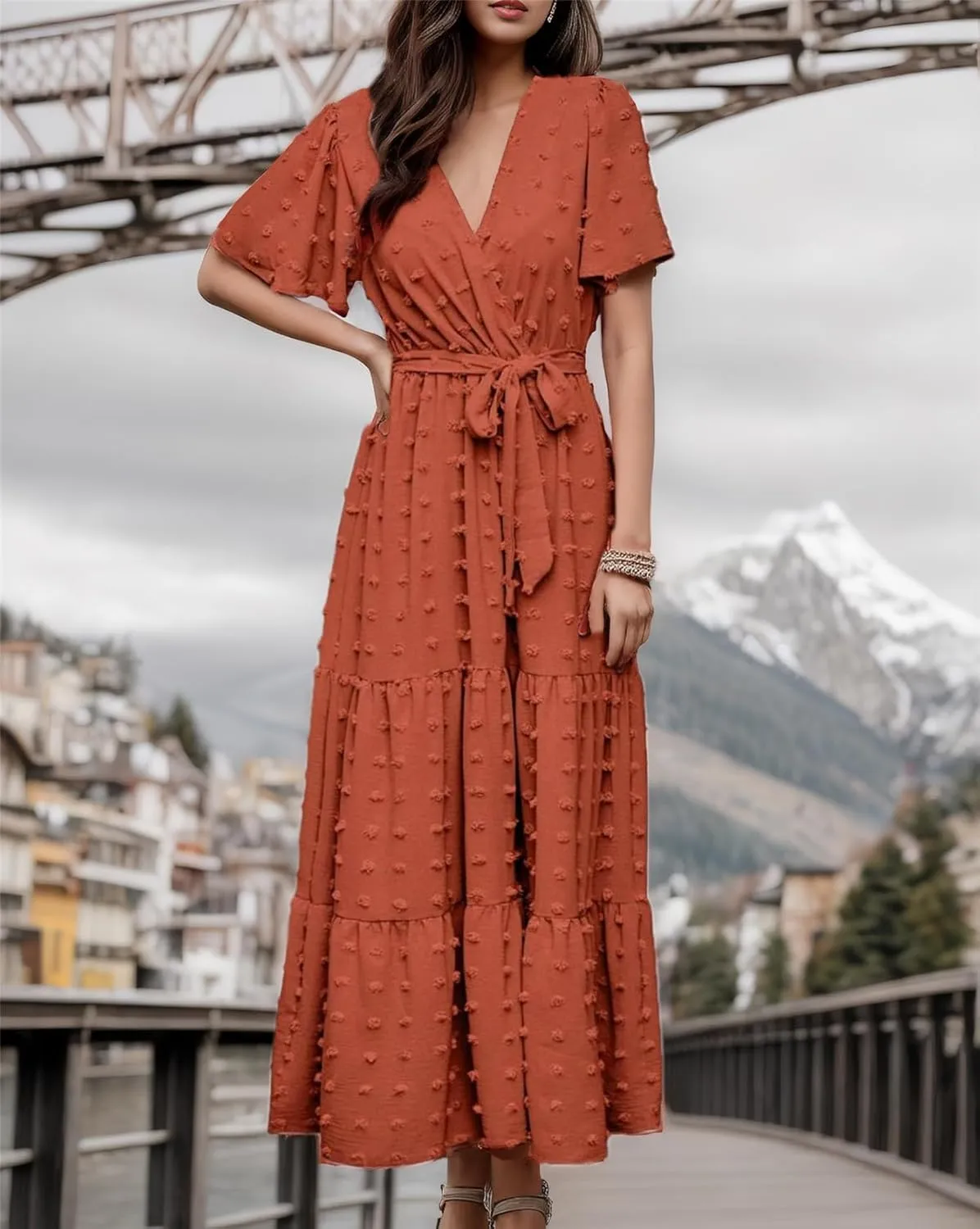 kinstell Women's 2025 Floral Summer Dress Wrap V Neck Short Sleeve Belted Ruffle Hem A-Line Bohemian Maxi Dresses