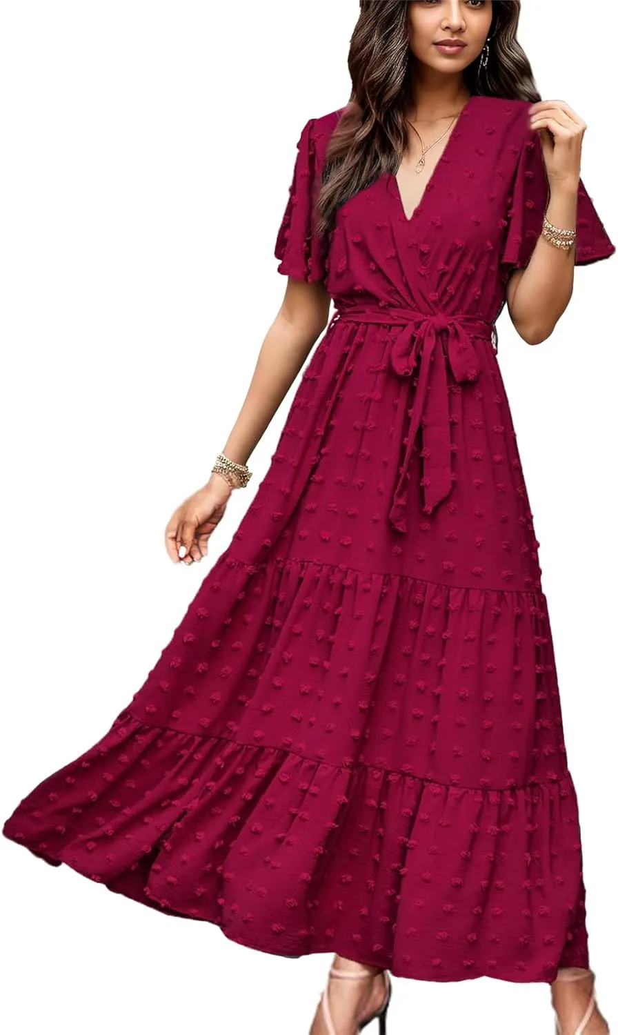 kinstell Women's 2025 Floral Summer Dress Wrap V Neck Short Sleeve Belted Ruffle Hem A-Line Bohemian Maxi Dresses