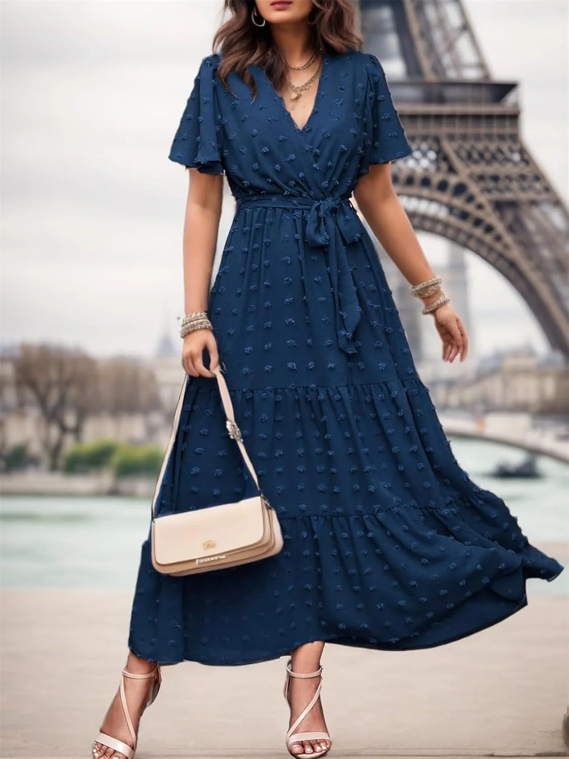 kinstell Women's 2025 Floral Summer Dress Wrap V Neck Short Sleeve Belted Ruffle Hem A-Line Bohemian Maxi Dresses