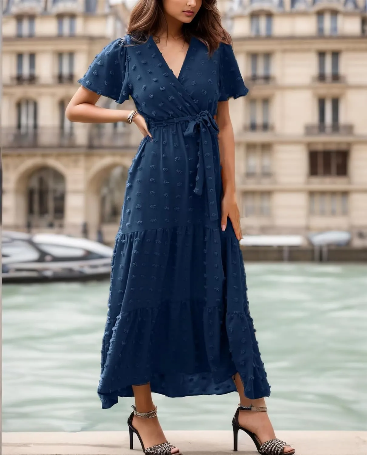 kinstell Women's 2025 Floral Summer Dress Wrap V Neck Short Sleeve Belted Ruffle Hem A-Line Bohemian Maxi Dresses