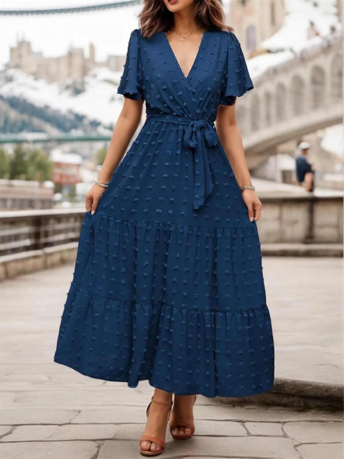 kinstell Women's 2025 Floral Summer Dress Wrap V Neck Short Sleeve Belted Ruffle Hem A-Line Bohemian Maxi Dresses