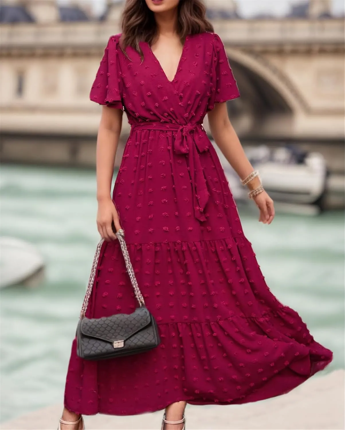 kinstell Women's 2025 Floral Summer Dress Wrap V Neck Short Sleeve Belted Ruffle Hem A-Line Bohemian Maxi Dresses