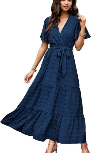 kinstell Women's 2025 Floral Summer Dress Wrap V Neck Short Sleeve Belted Ruffle Hem A-Line Bohemian Maxi Dresses