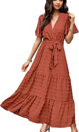 kinstell Women's 2025 Floral Summer Dress Wrap V Neck Short Sleeve Belted Ruffle Hem A-Line Bohemian Maxi Dresses