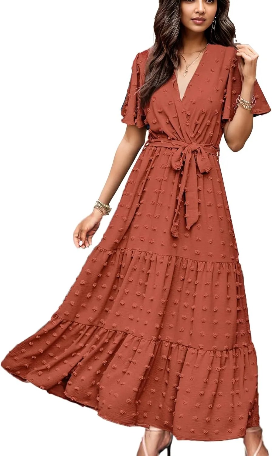 kinstell Women's 2025 Floral Summer Dress Wrap V Neck Short Sleeve Belted Ruffle Hem A-Line Bohemian Maxi Dresses
