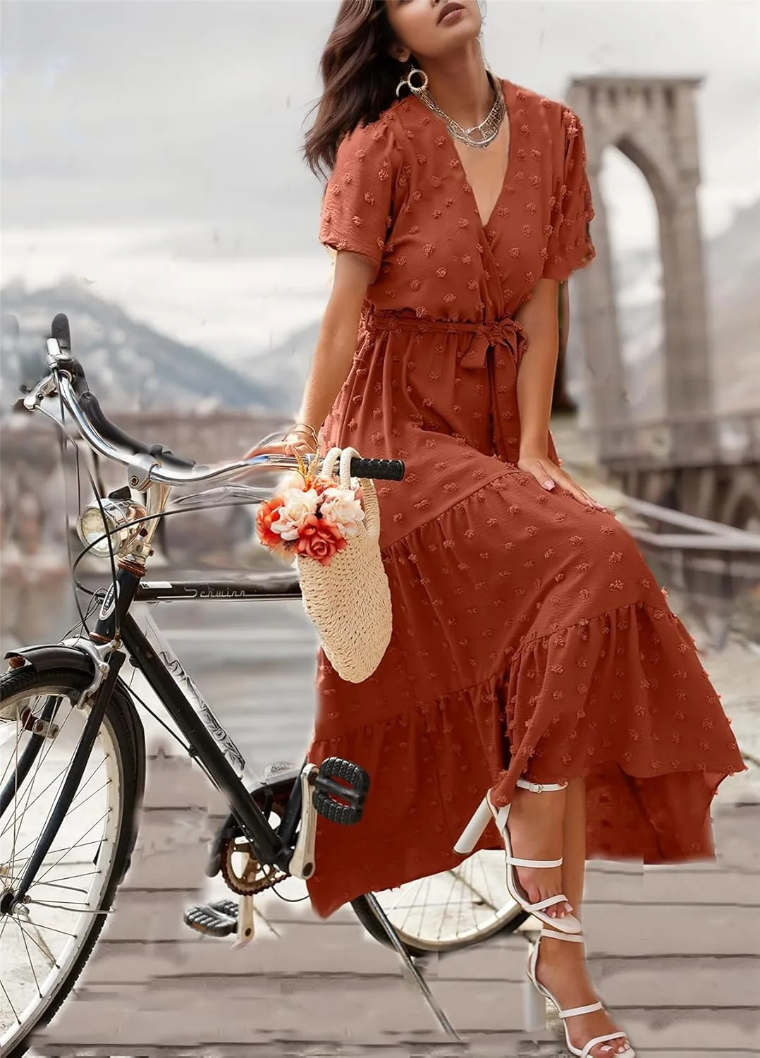 kinstell Women's 2025 Floral Summer Dress Wrap V Neck Short Sleeve Belted Ruffle Hem A-Line Bohemian Maxi Dresses