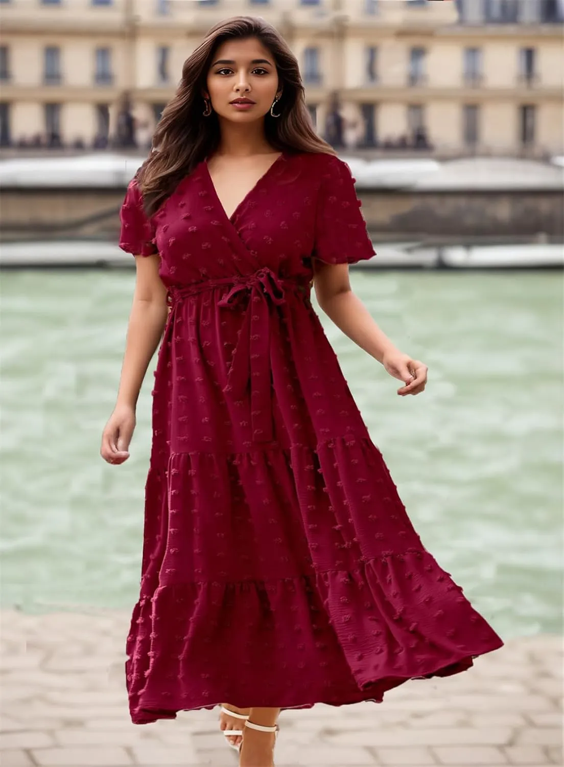 kinstell Women's 2025 Floral Summer Dress Wrap V Neck Short Sleeve Belted Ruffle Hem A-Line Bohemian Maxi Dresses