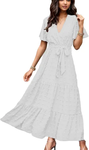 kinstell Women's 2025 Floral Summer Dress Wrap V Neck Short Sleeve Belted Ruffle Hem A-Line Bohemian Maxi Dresses