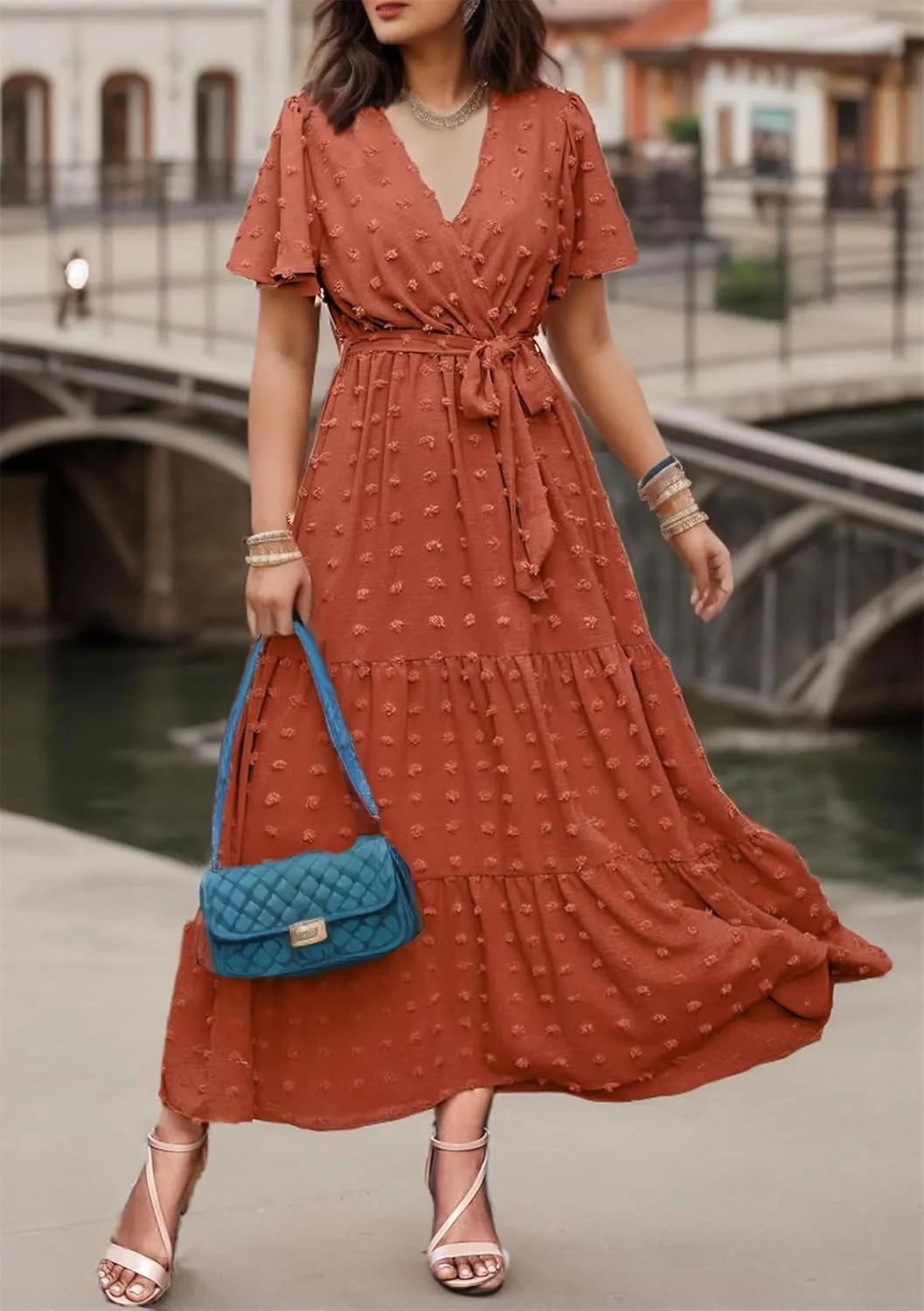 kinstell Women's 2025 Floral Summer Dress Wrap V Neck Short Sleeve Belted Ruffle Hem A-Line Bohemian Maxi Dresses