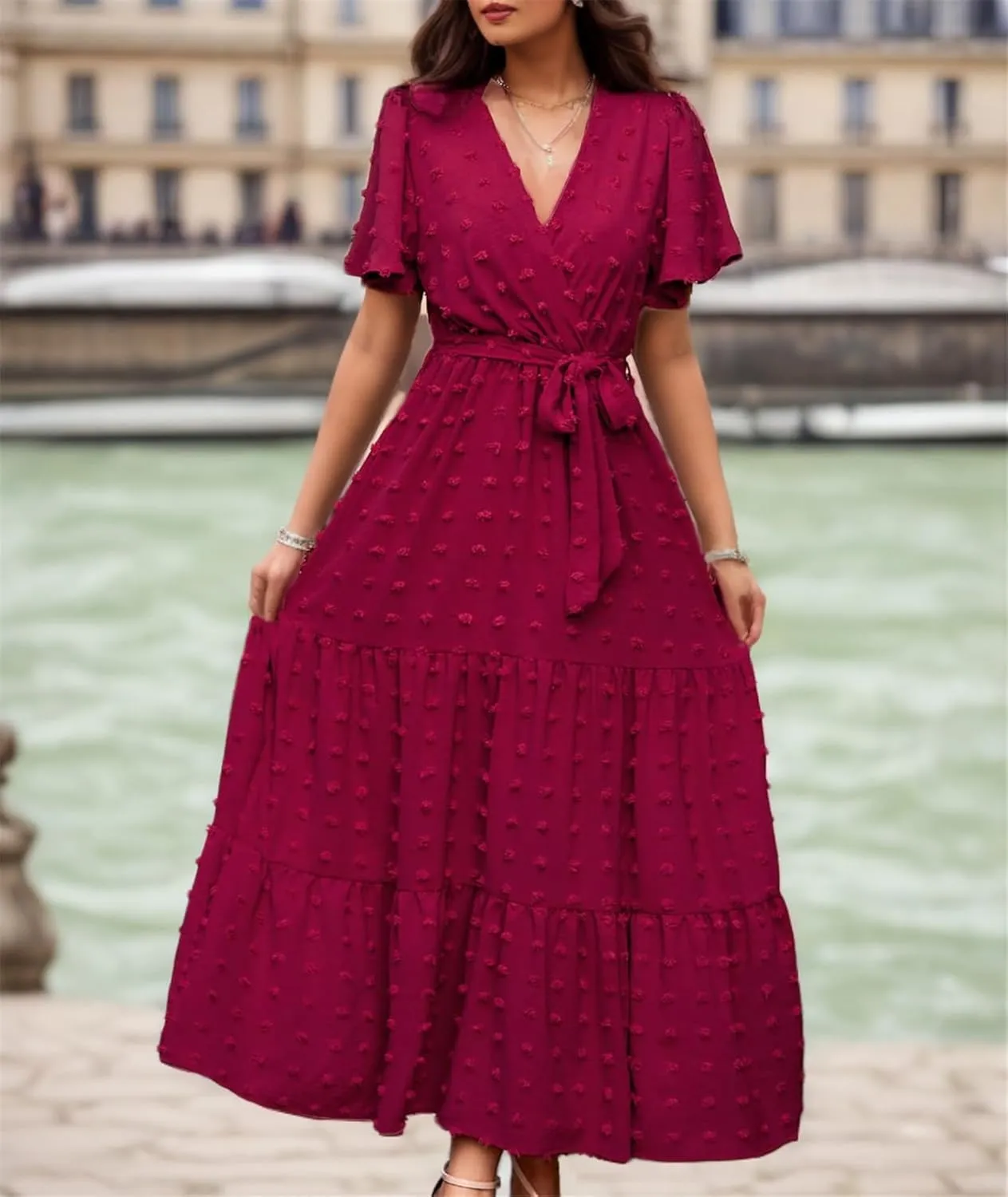 kinstell Women's 2025 Floral Summer Dress Wrap V Neck Short Sleeve Belted Ruffle Hem A-Line Bohemian Maxi Dresses