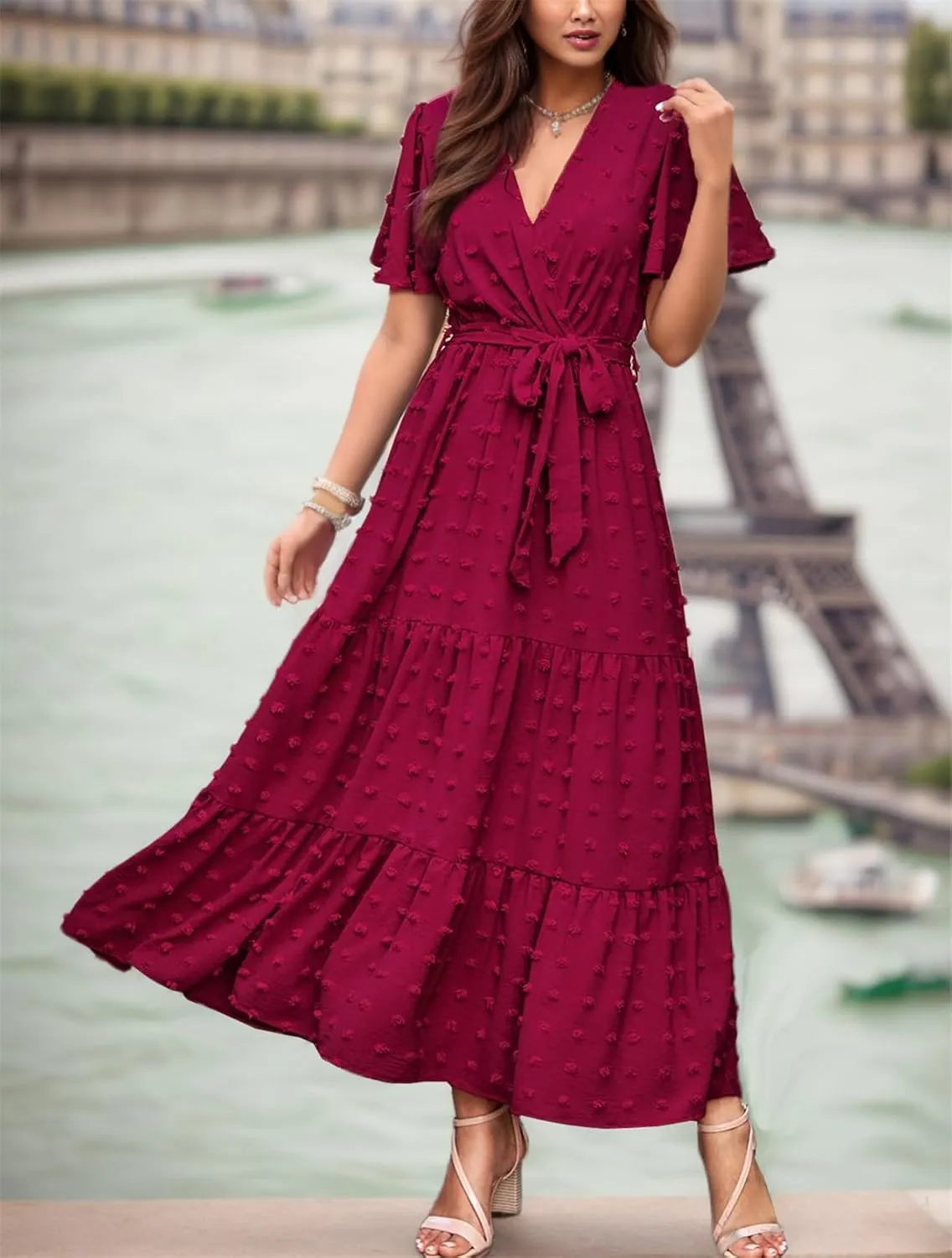 kinstell Women's 2025 Floral Summer Dress Wrap V Neck Short Sleeve Belted Ruffle Hem A-Line Bohemian Maxi Dresses