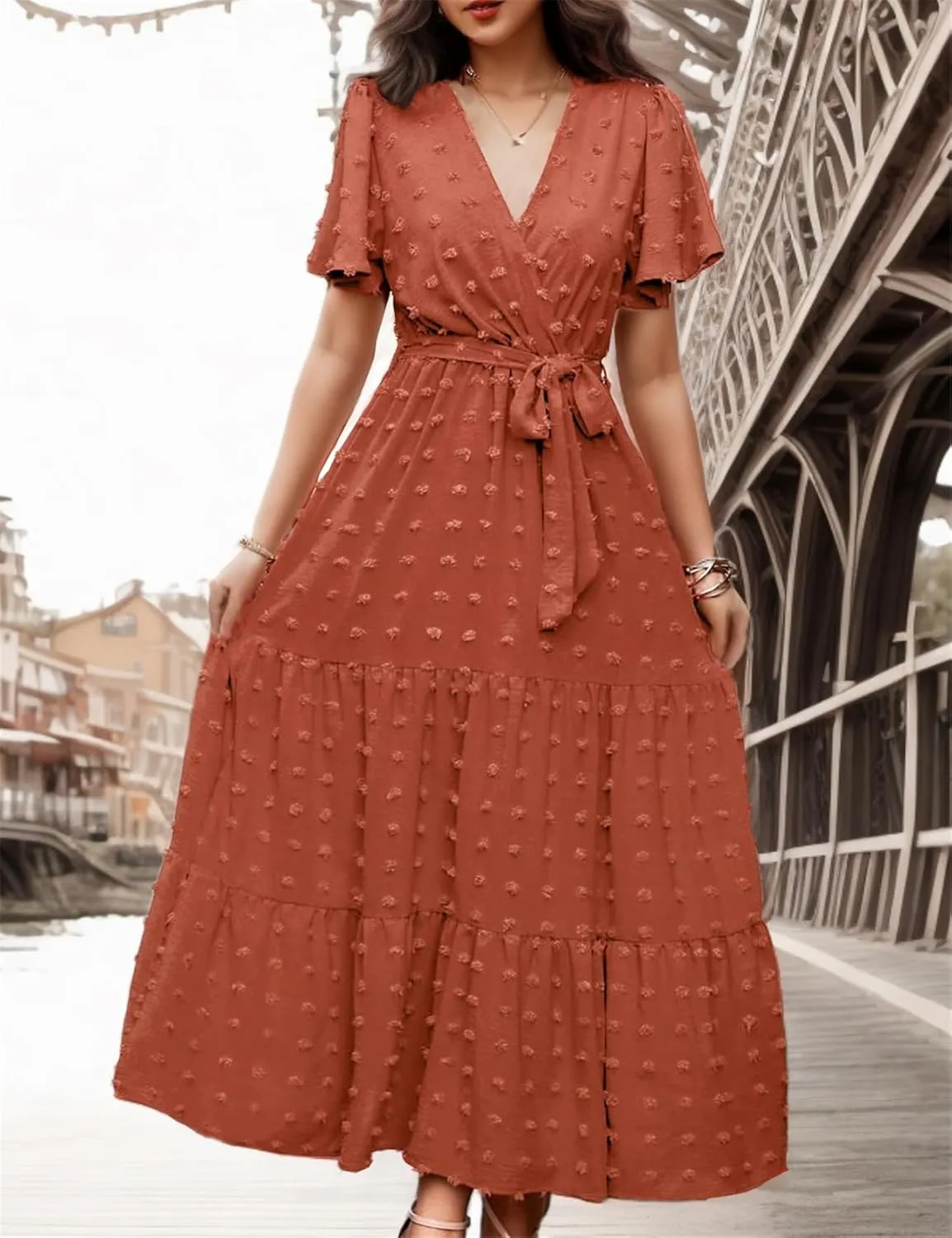 kinstell Women's 2025 Floral Summer Dress Wrap V Neck Short Sleeve Belted Ruffle Hem A-Line Bohemian Maxi Dresses