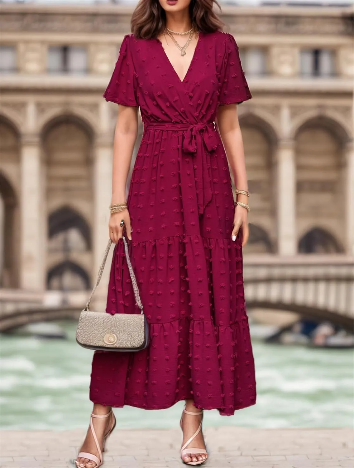 kinstell Women's 2025 Floral Summer Dress Wrap V Neck Short Sleeve Belted Ruffle Hem A-Line Bohemian Maxi Dresses